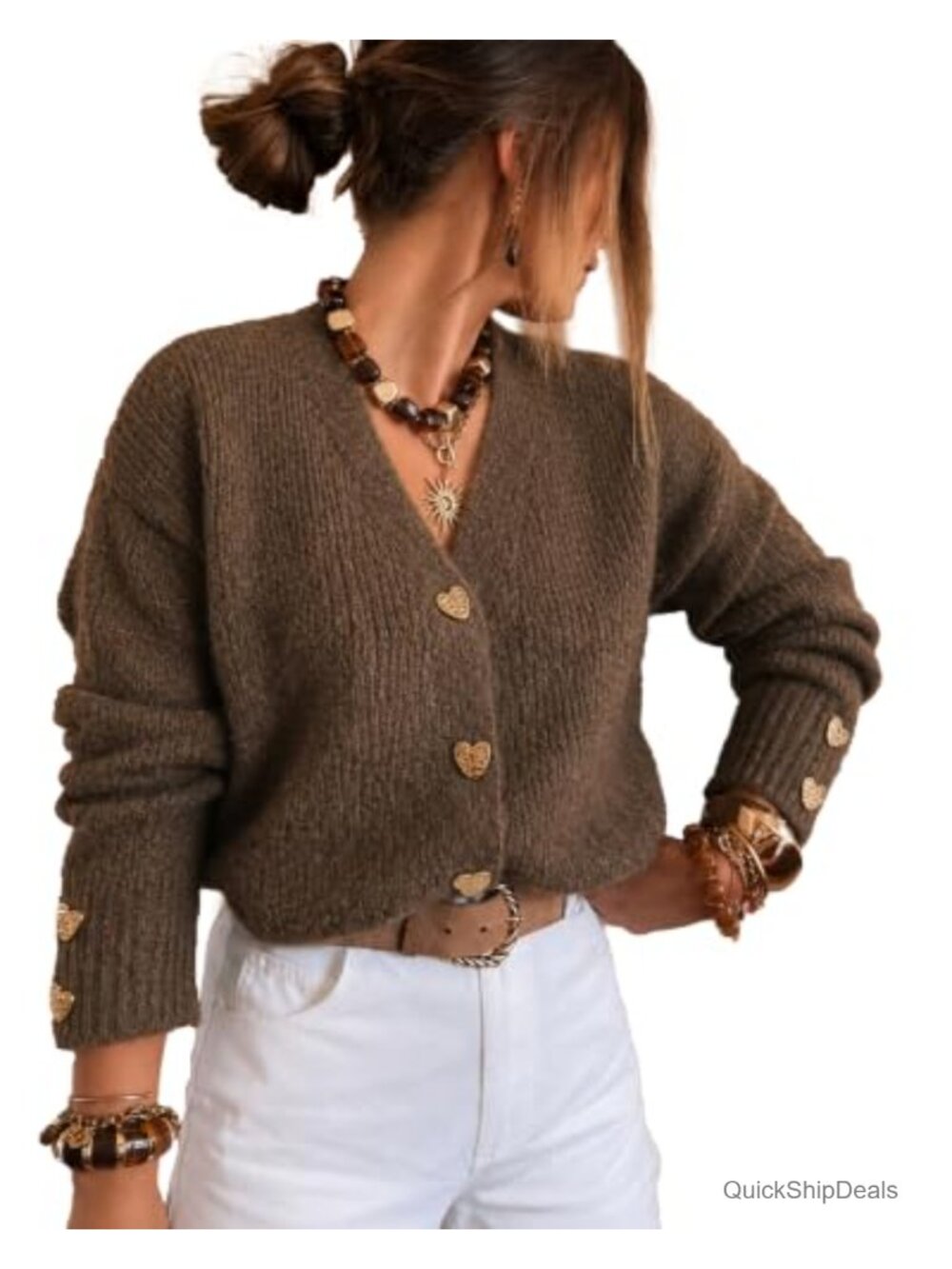 V Neck Open Front Chunky Knit Cardigan Heart Button Sweater